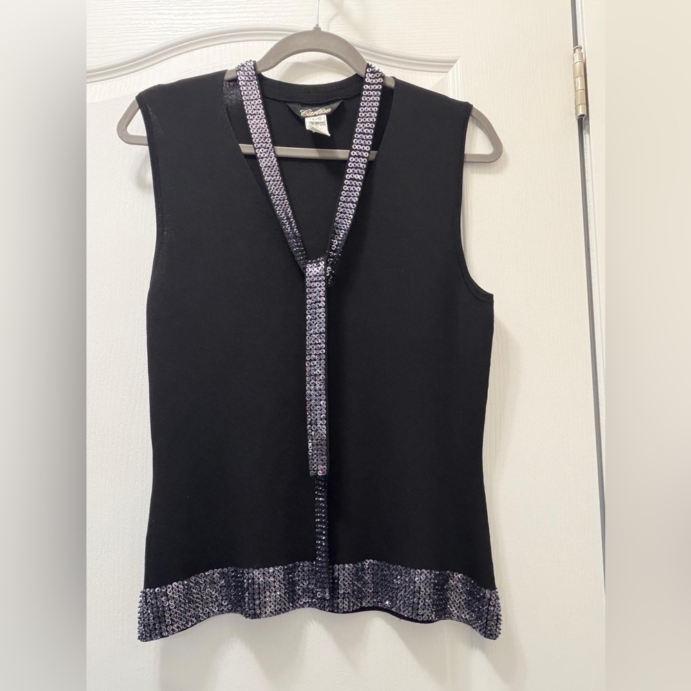 Sleeveless Black Tank with Silver-Sequin Trim